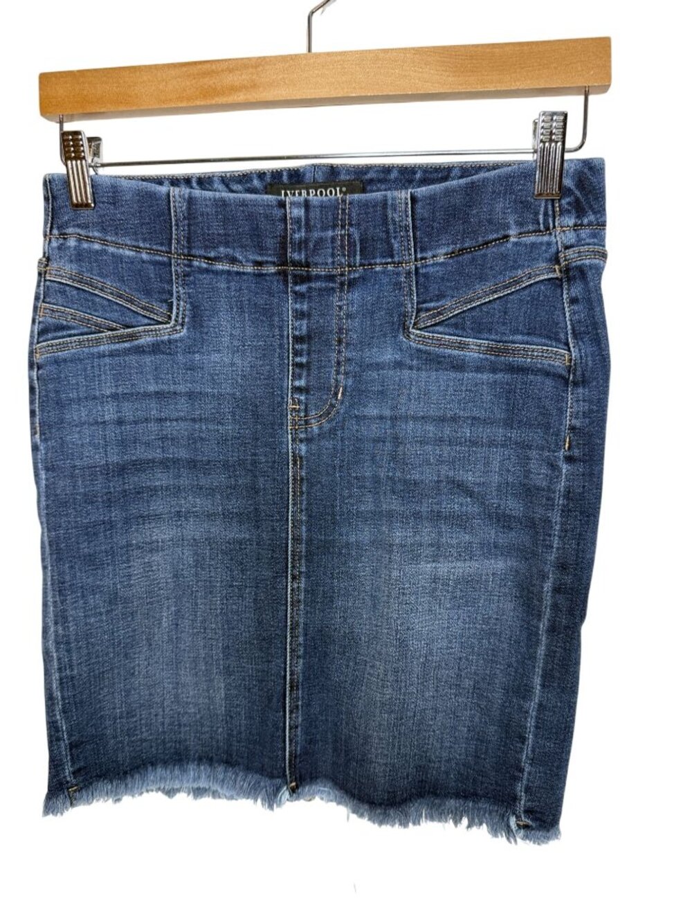 Liverpool Los Angeles 4/27 Denim Mini Skirt Raw Hem Y2K Stretch